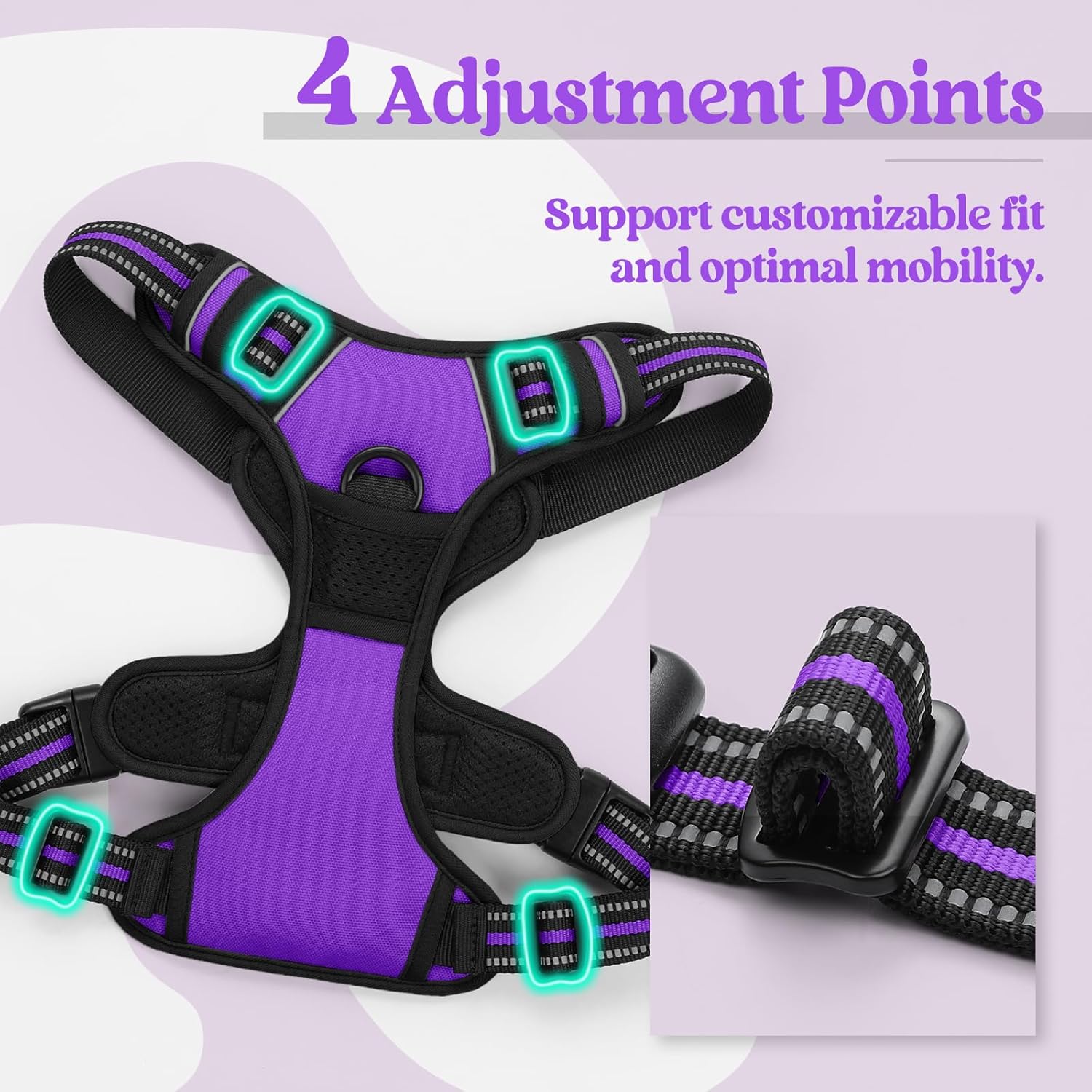 Medium rabbitgoo Dog Harness No Pull with 2 Leash Clips, Adjustable Soft Padded, Reflective Oxford No Choke Pet Vest with Easy Control Handle for Medium Sized Dogs, Purple, M